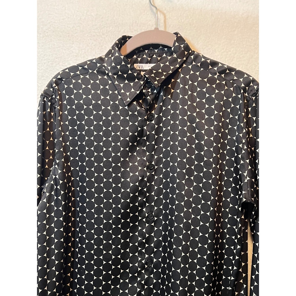 Zara Women's Small Button Down Shirt Black White Circle Print Long Sleeve - Picture 9 of 10